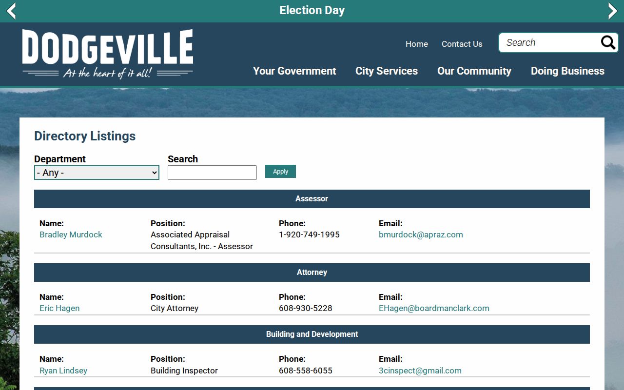 Current City of Dodgeville contact directory