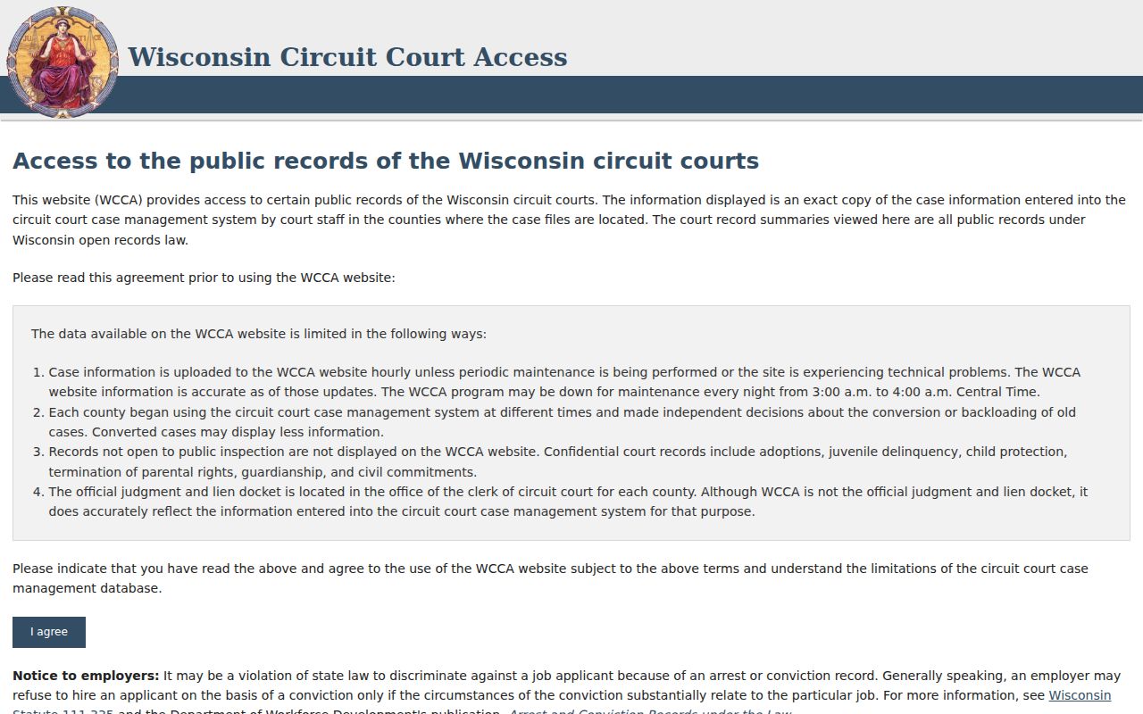 Wisconsin Circuit Court Access interface for an Iowa County case lookup